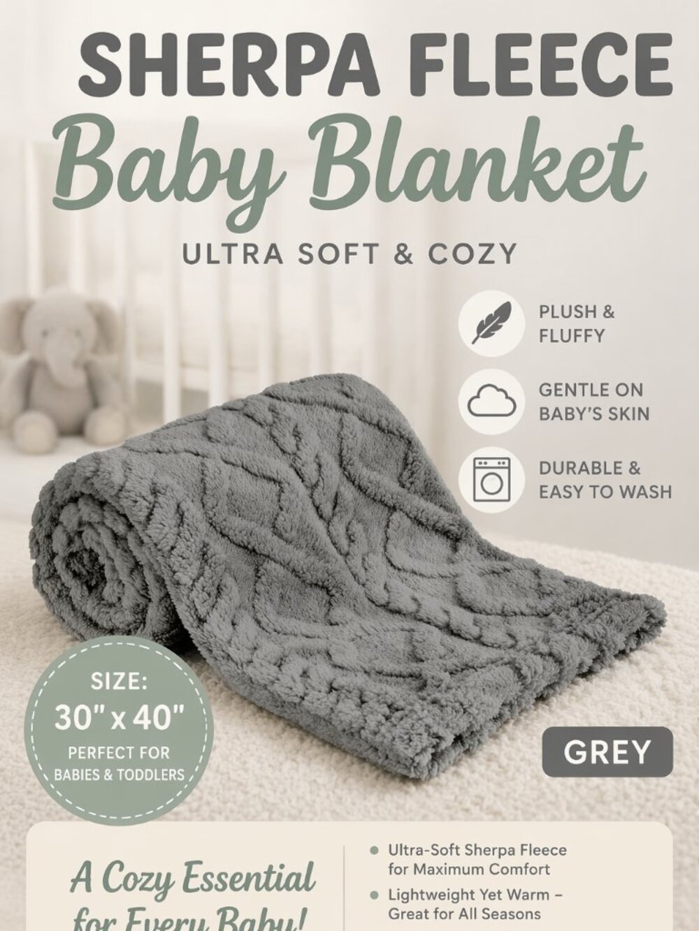 Sherpa Fleece Baby Blanket 30x40 Grey – Ultra Soft Plush Infant Toddler Blanket